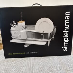 simplehuman Steel Frame Dish Drying Rack Silver White Large with Knife Block